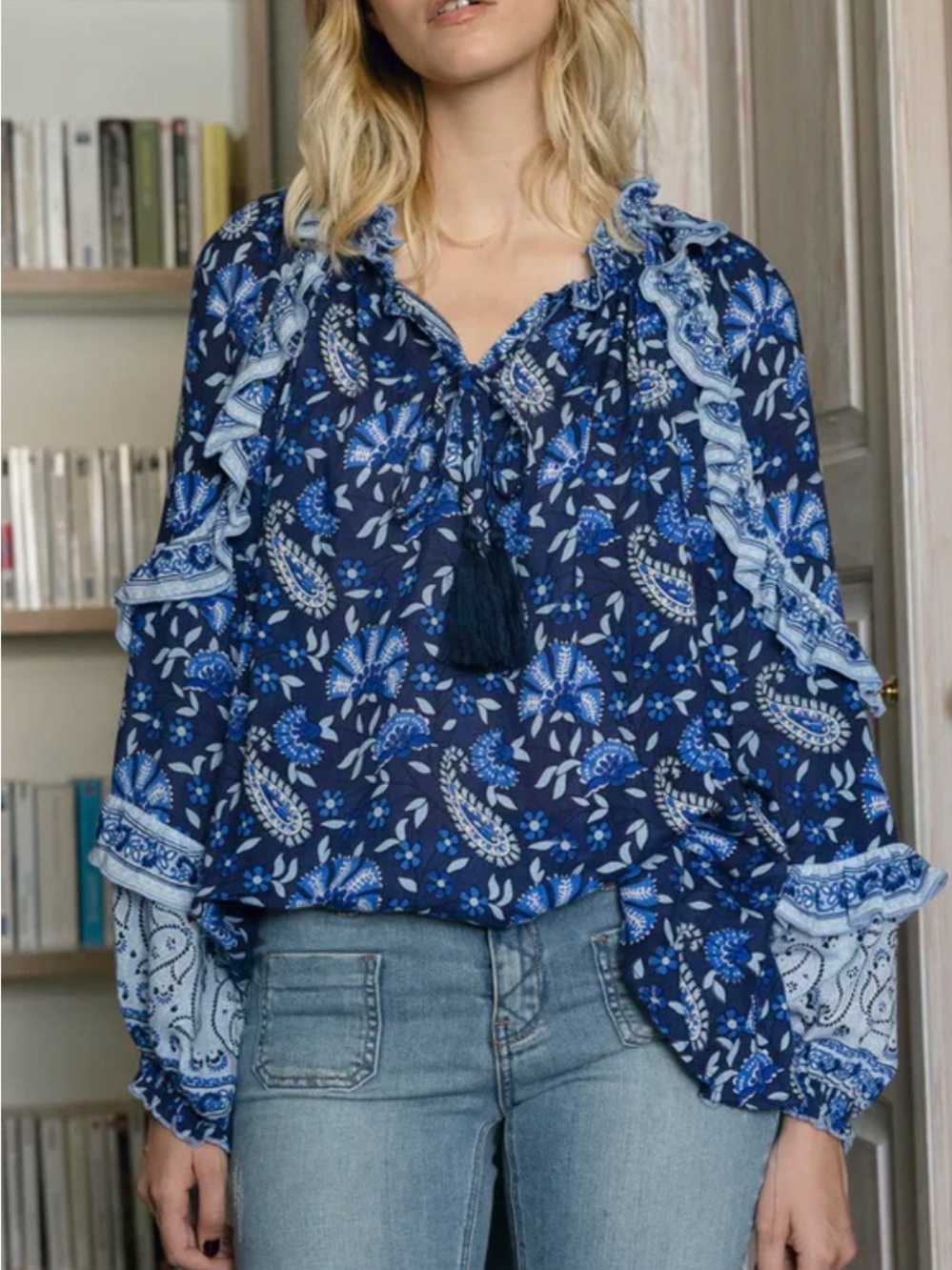 MISS JUNE PARIS TAMARA BLUE BOHO CHIC FLORAL FLOWY BLOUSE NWT OSFA